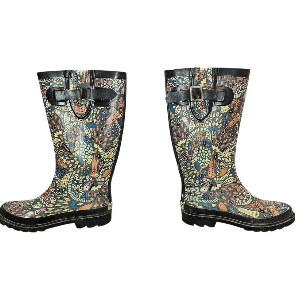 Western Chief Women's Size 5 Vibrant Paisley Peacock Floral Tall Rain Boots Wate